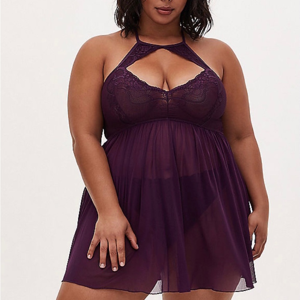 GrapePurple Lace & Mesh High Neck Keyhole Babydoll